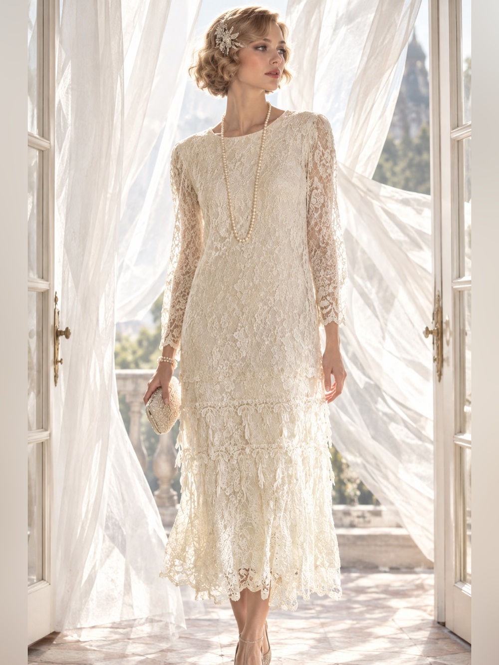 Vintage David Rose Cream Lace Drop Waist Midi Dress 1920s Flapper Style